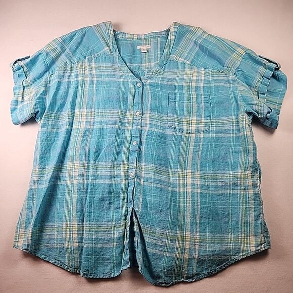 J Jill Love Linen 100% Linen Button Front Shirt Womens 2X Short Sleeve V Neck - Picture 1 of 10